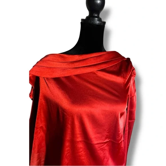 Express NWT Chic Scarlet Asymmetrical Long Sleeve Silky Cowl Neck Women's Blouse - Picture 2 of 16
